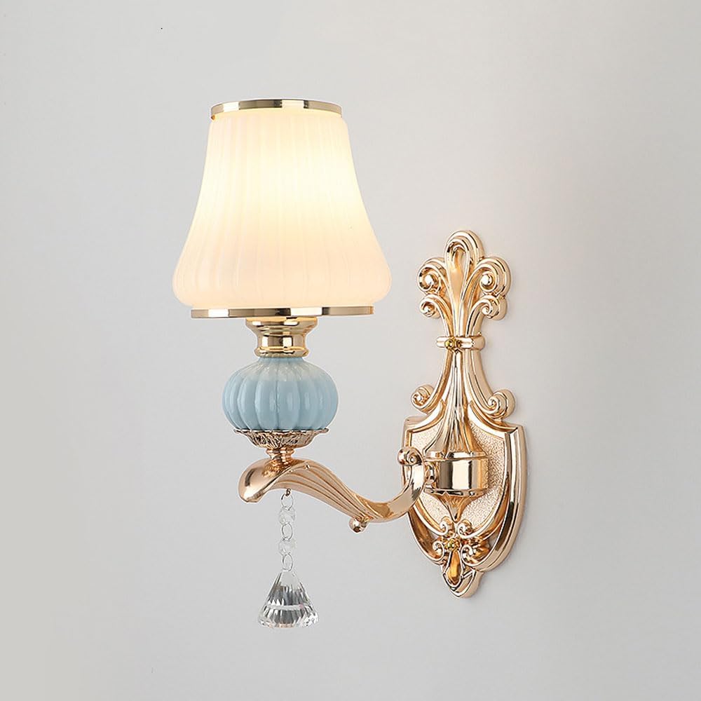 European Style Glass Wall Lamp E27 Vintage Farmhouse Wall Light with Glass Lamp Shade Creative Retro Wall Sconce Indoor Art Decor Lighting Fixtures for Bedroom Living Room Bedside Aisle