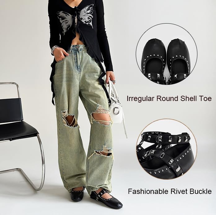 Studded Mary Jane Flats for Women Round Toe Rivet Ankle Strap Ballet Flats Shoes Casual Dressy Ballerina Shoes3