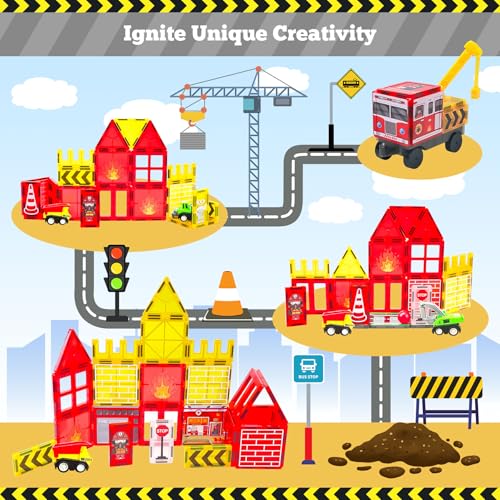 Magnetic Tiles Fire Truck Set DROPS TO (Style: 56PCS Fire Station Magnetic Tiles) - image 3