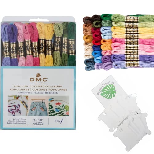 Image of DMC Embroidery Floss, Popular Pack Embroidery Thread, Bundle with Rylei Crafts Plastic Floss bobbins,DMC 36 popular colors Hand Embroidery Yarn