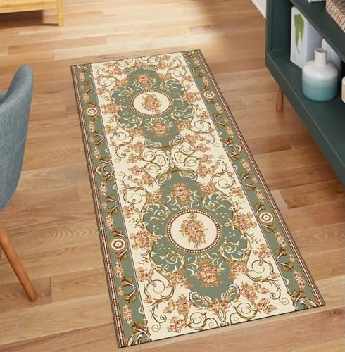 Alfombra pasillo beige y verde vintage 110x220 cm lavable para hogar 2