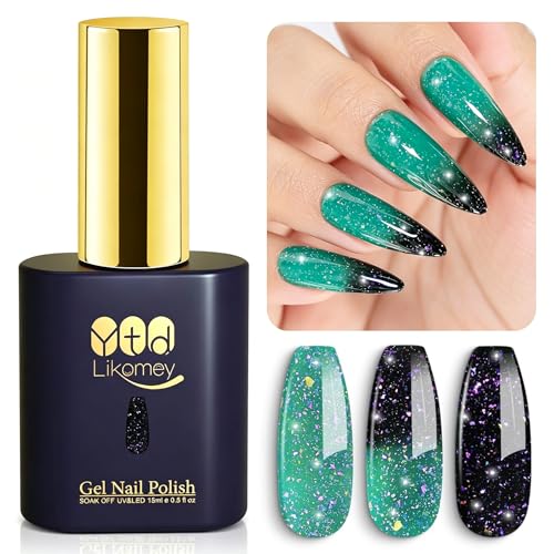 YTD Likomey Brocade Glitter Color Changing Gel Nail Polish,15ml Bright Green To Dark Green Shimmer Mood Temperature Change Colors,Summer Ombre Thermal UV Nail Gel,WB349