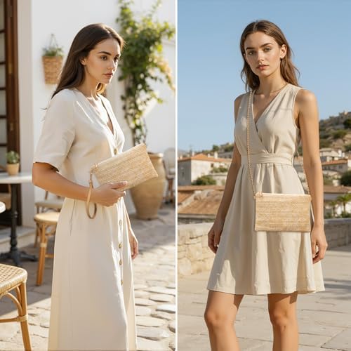 Larcenciel Straw Clutch Purses for Women w/Wrist Strap, Beige Woven Beach Purse & Chain Zipper, Boho Evening Wristlet Wallet, Summer Shoulder Crossbody Bag for Wedding Prom Vacation 22x1x14.5cm