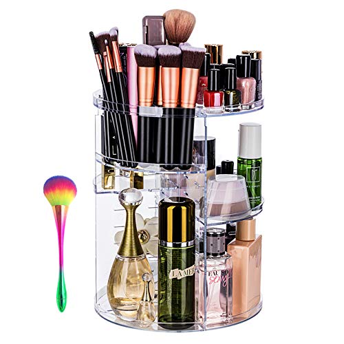 360 Degree Rotating Makeup Cosmetic Organizer with 1 FREE Makeup Brush for Mothers Day gift,Adjustable Bathroom Makeup Carousel Spinning Holder Storage Stand,Organizador de maquillaje(Clear)