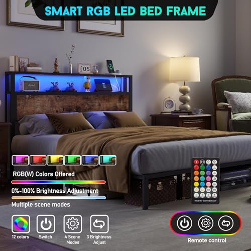 Image of Full Size Bed Frame with Headboard, Metal Platform Bed Frame with LED Lights & Charging Station, Under Bed Storage, Solid and Stable, No Box Spring Needed, Noise Free, Easy Assembly, Vintage Brown