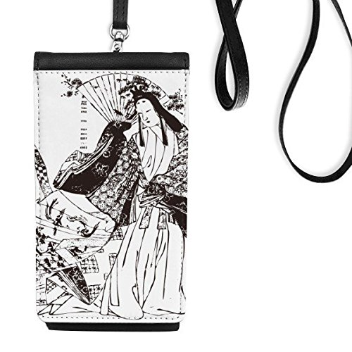Porte-monnaie suspendu femme noir avec motif esquisse sakura japon