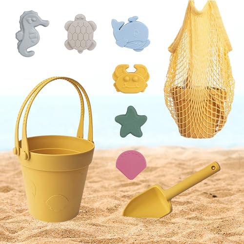 Hojalis Juguetes de Playa para Niños, 9 Piezas Juguetes Playa Silicona con Bolsa Malla, Palas, Cubo de Arena y Moldes de Arena, Juegos Playa Bebe, para Bebe 2 3 4 5 Años Niños Niñas