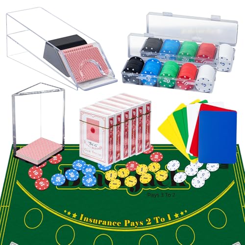 Entertainment Casino Game Set Blackjack Texas Holdem Poker Card Kit with Card Dealing Shoe Discard Tray 200 Chips 6 Deck Card Double-sided feltGreen 10 Cut Cards Poker Set Blackjack Table Set