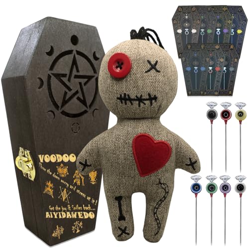AyidawedoAuthentic LOA Voodoo Doll Kit Include Spell Cards and Stress Relief Pins in Wooden Coffin Box - Gag Gift Complete Set