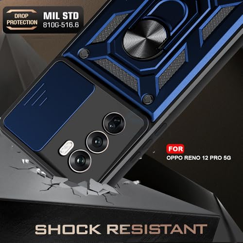 Image of AESTMO Polycarbonate Tough Armor Oppo Reno 12 Pro 5G Bumper Back Case Cover|Ring Holder&Sliding Camera Shield Cover|360 Degree Protection Back Case Cover for Oppo Reno 12 Pro 5G(Blue)