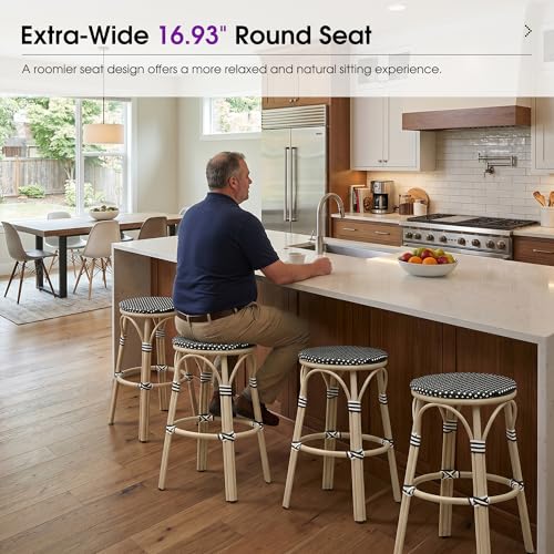 Image of PURPLE LEAF French Outdoor Round Bar Stool Set of 2 Bar Chairs 30 inch Handwoven Wicker Rattan Backless Stackable White Print Aluminum Frame for Patio Garden Cafe Backyard Poolside Black