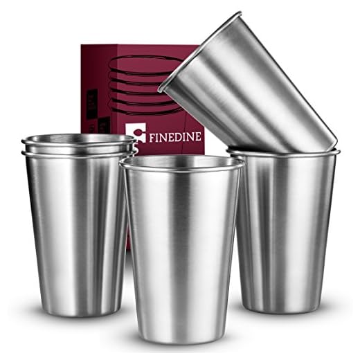 FineDine Premium Grade Stainless Steel Pint Cups Water Tumblers (5 Piece) Unbreakable, Stackable, Brushed Metal Drinking Glasses, Chilling Beer Glasses, for Travel, Outdoor, Camping, Everyday, 16 Oz