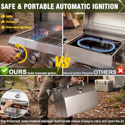 Image of Bestfire 3-Burner Tabletop Gas Grill, Dual Connections, 30,000 BTU Portable Propane Grill, Knobs&Stainless Steel Grates, Compact & Detachable Legs for Camping, RV, BBQ
