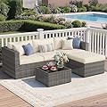 Wisteria Lane 5 Piece Outdoor Patio Furniture Set, All Weather Wicker Rattan Sectional Sofa Conversation Set with Cushions & Glass Coffee Table, Ideal for Backyard Porch Garden Balcony, Beige