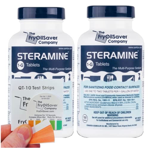 2 Bottles Steramine Sanitizer Tablets - 15x QT-10 Test Strip - Multi Purpose Steramine Sanitizing Tablets for Food Contact Surface in Kitchen, Restaurant & Food Service by FryOilSaver Co. (300 Count)