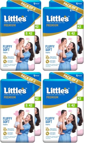 Image of Little's Premium Baby Diapers S Size (Small) Pants Style | 4-8 kg | 84 Count | FluffySoft Baby Diaper with Leakage Guard, Wetness Indicator & 12 Hours Absorption | (42 Count, Pack of 8)