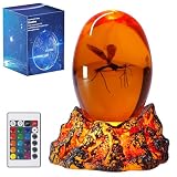 Jurassic 3D Mosquito in Amber Resin, Mosquito Resin with Volcanic Lava Lamp Base with Remote 16 Colors Flashing RGB Dimmable, True 3D 3.3 Inches Tall Dinosaur DNA Replica Paper Weight Gifts