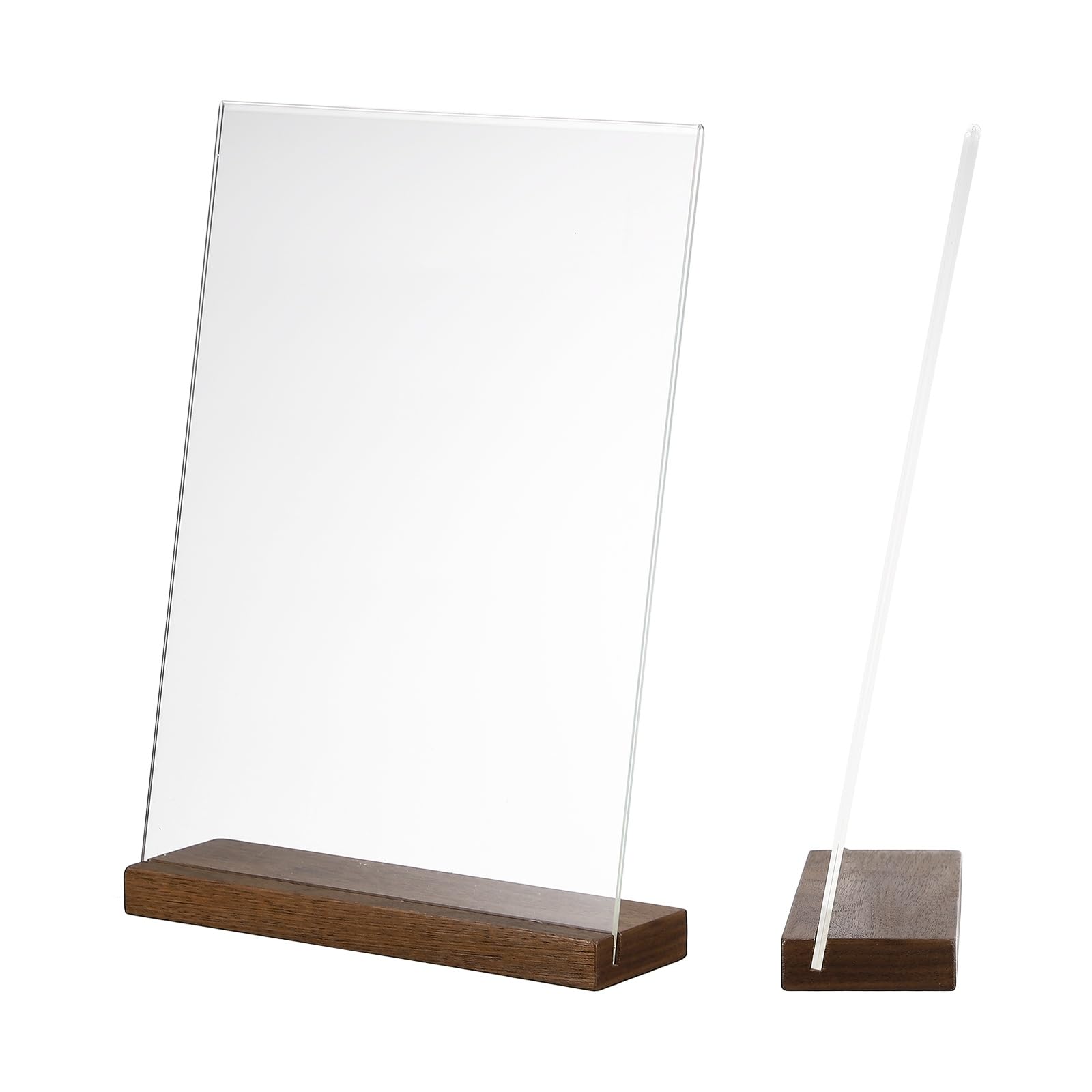PATIKIL Letrero acrílico de 8 x 12 pulgadas, 2 soportes acrílicos en forma de L con base de madera, diseño de parte trasera inclinada, soporte de papel transparente A4 para exhibición de mesa, menú