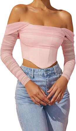 Womens Mesh Sheer Lace Puff Corset Crop Top Off Shoulder Sexy Pleated Chiffon Bustier for Cute Women Trendy