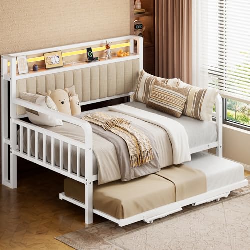 Daybed with Pop Up Trundle and LED Light, Heavy Duty Metal Full Bed Frame with Upholstered Storage Headboard and Charging Station, Sturdy Day bed for Living Room, Bedroom and Guest Room (White)