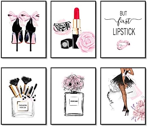 Fashion Wall Art Prints Set of 6 Pink Room Decor Pictures Wall Decor Canvas Art Posters Perfume Lipstick Makeup Wall Decor Artwork Girls Room Pictures for Bedroom (8"x10" UNFRAMED)