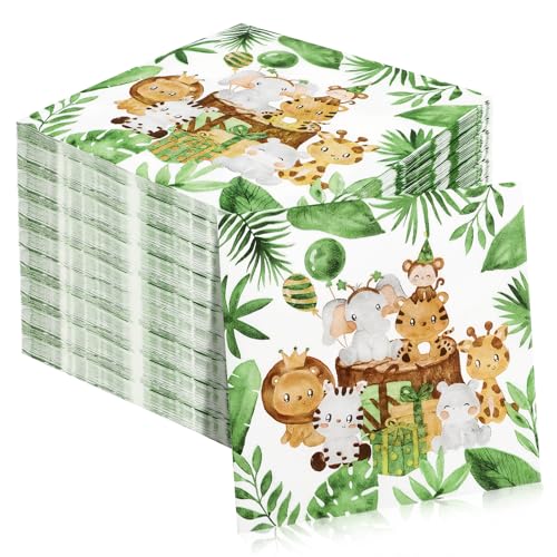 40 Pièces Serviette Papier, 33x33cm Anniversaire Jungle Serviette de Table Papier, Party Animaux Enfants pour Anniversaire de Animaux Serviettes Jungle