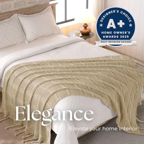 Boho Knitted Chenille Blanket with Tassels - Lightweight & Soft All-Season Throw - 3D Classic Pattern for Living Room Bedroom Couch, Sandy Beige, King 90"x108" by DOWN HOME - Used condition - Image 2