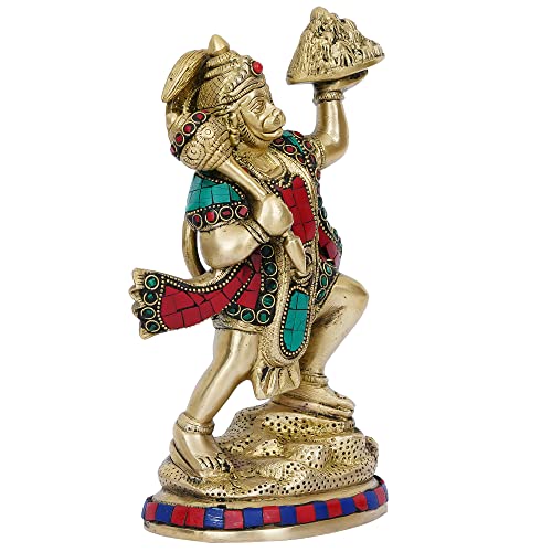 Image of eCraftIndia Golden and Colorful Stone Work Handcrafted Brass Lord Hanuman Statue Carrying Sanjeevani Mountain - Religious God Idol for Home, Office, Temple - Gift for Hanuman Jayanti Festival