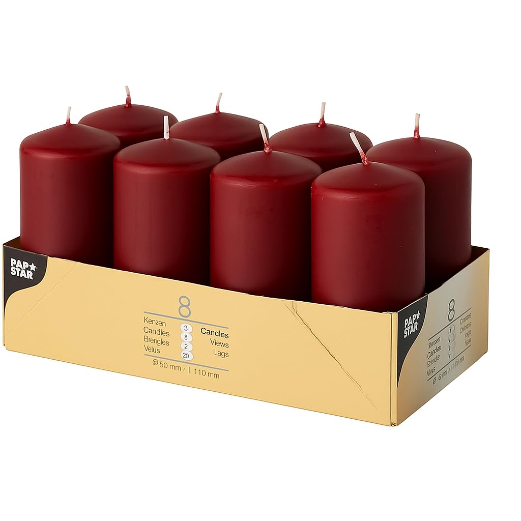 ZINNIAUK Red Papstar Pillar Candles Pack of 8 (50mm x 100mm) – Unscented Small Decorative Candles for Home, Weddings, Parties & Events – Long-Lasting Dripless Wax Table Centrepieces & Elegant Room.
