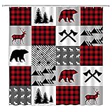 Plaid Bear Shower Curtain Rustic Cabin Red Black Buffalo Check Plaid Farm Forest Camping Hunting...