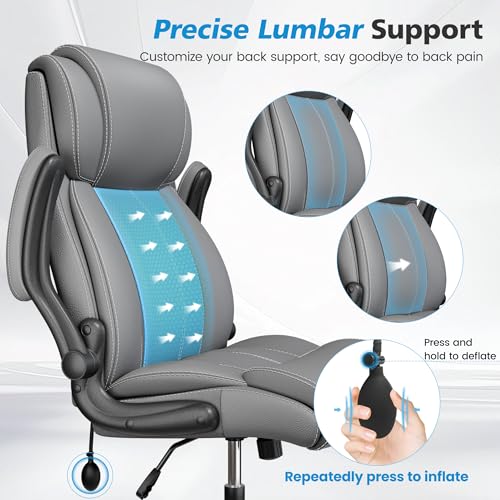 Image of Ergonomic Office Chair, High Back Leather Executive Desk Chair | Inflatable Lumbar Support, Padded Arms for Elbow Comfort, Heavy-Duty Rocking Chair for All-Day Sitting, Plush Wide Seat, Gray