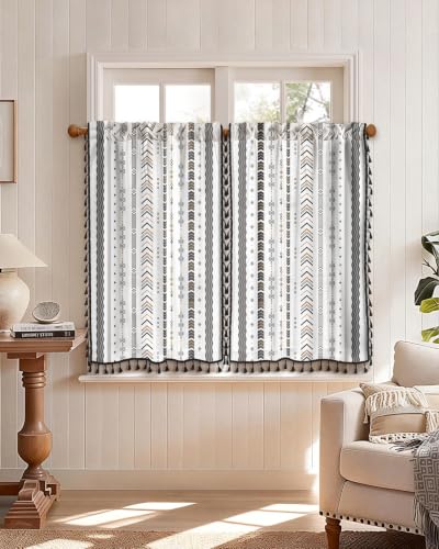 Image of Miss Adola Boho Kitchen Curtains - 36 Inch Length Linen Blend Modern Striped Cafe Curtains Tassels Tier Curtain Short Drapes Rod Pocket for Bathroom Living Room Windows Light Filtering, 2 Panels