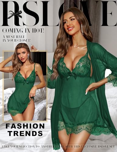 Image of RSLOVE Women Sexy Lingerie Set 3 Piece Babydoll & Lace Kimono Robe Strap Chemise Sleepwear Mesh Nightgown