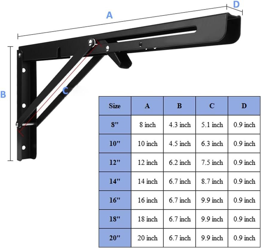 Folding Shelf Brackets - Shelf Brackets Matte Black 14 Inch Collapsible Triangle Shelf Bracket, DIY Wall Mounted Folding Table Hinge, Space Saving for Bench Table with Screws, Pack of 2
