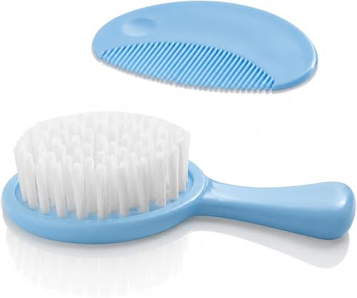 Baby Hair Brush and Comb Set, Soft Bristles, BPA-Free ABS Plastic, for Newborns 0+ Months, Lightweight, 2 Piece (Blue)