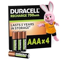 Duracell Batterie Ricaricabili AAA (Confezione da 4), Pile ricaricabili, 750 mAh NiMH, 1000 ricariche, pre-caricate, energia di lunga durata con una confezione plastic free e 100% riciclabile