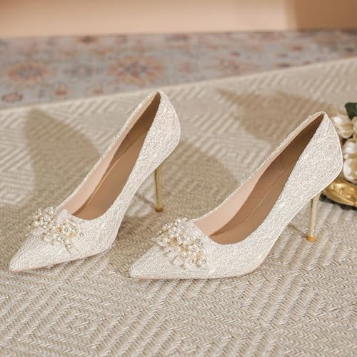 Women's Pointed Closed Toe High Heel Pumps Dressy Pearl Flowers Lace Mesh Bridal Wedding Stilettos Heels Comfort Slip On Party Prom Dress Pumps4