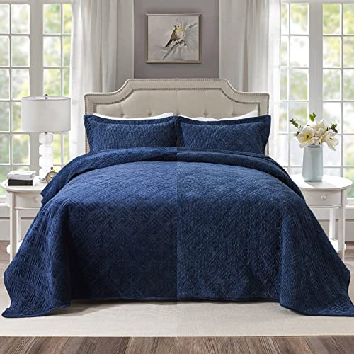 Honeilife King Quilt Bedding Set - 3 Pieces Corduroy Quilt Sets Double Faced Velvet Bedspreads Super Soft Coverlets Reversible Bed Cover Autumn & Winter Bedding Set All Season Quilts-Navy Blue #TOP4