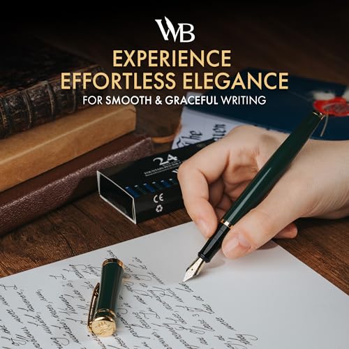 Image of Wordsworth & Black Luxury Fountain Pen Set for Writing, Fine Nib, Green | Gift for Men & Women, Brass Body, 18K German Iridium, Calligraphy, Converter + 24 Ink Cartridges, Refillable, Leak-Free