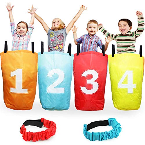 Boley 4 Pack Sack Race Bag Set and 2 Piece Leg Straps  Includes 4 Burlap Sack Race Bags and 2 Velcro Leg Straps for Three Legged Relays  Great for Outdoor Party Activities, Picnics, Birthday Parties