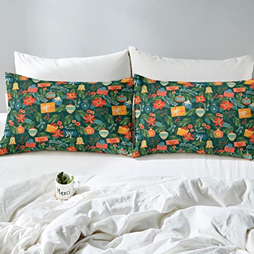 Christmas Floral Comforter Cover Poinsettia Flower Leaves Duvet Cover Red Green Christams Decorations Bedding Set Queen For Kids Teens Boys Girls,Xmas Bell Lantern Bed Sets Lodge Cabin Home Decor #TOP4