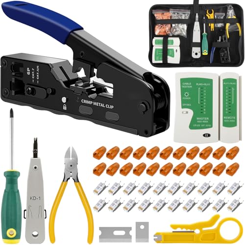 Kit d'outils à sertir RJ45, Pince à Sertir RJ45 avec 20 connecteurs RJ45 Cat7/Cat6a Pass Through, Testeur de Câble Réseau, outil raccordement LSA, Pince à dénuder Pour, Kit de sertissage RJ11/RJ12