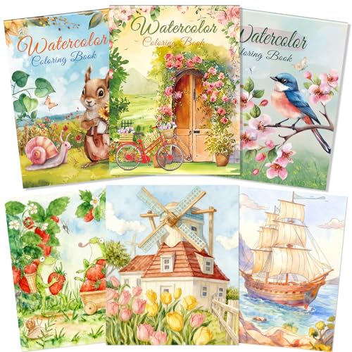 Kalysky Pack de 3 Libros de Colorear Acuarela, A4 Cuaderno de Acuarela para Adultos Principiantes, Papel 160GSM, Temas de Flores, Animales, Paisajes, Naturaleza