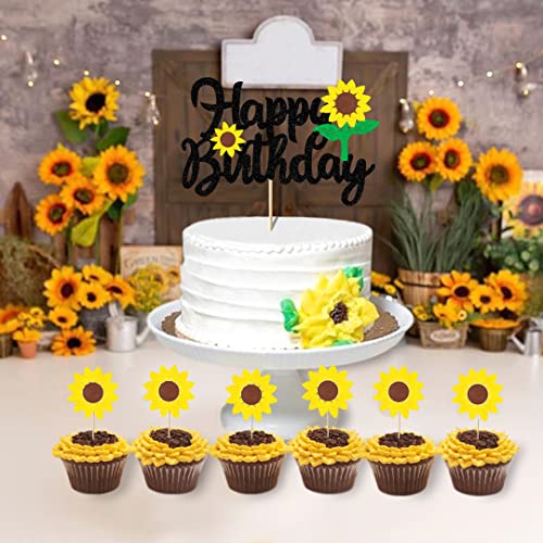 Sunflower Cake Decorations For Baby Shower, Glitter Sunflower Happy Birthday Cake Topper For 1St Girl Boy Sunflower Birthday Party Decor, Sunflower Theme Party Decoration (1 X Sunflower Cake Topper & 6 X Sunflower Cupcake Toppers) #TOP6
