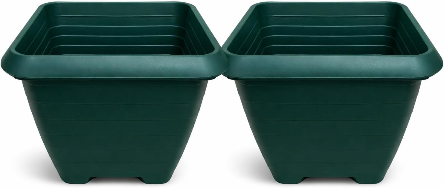 Tamersgifts Sets of 2 Heavy Duty Quality Plastic Square Castle Planters Plant Pots - 3 Colours & 3 Sizes (Green, Length 44.2cm x Width 44.2cm x 40cm Height)