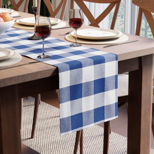 Image of Encasa XO Cotton Table Runner for 4 to 6 Seater | Size 13x72 in | Buffalo Blue Checks - Machine Washable & Durable