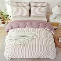 TISPLR Comforter Set Queen Size Soft Luxury Washed Microfiber Jacquard 3 Pieces Bedding, White Grayish Purple Vertical Ticking Stripes Pattern Comforter with 2 Pillowcases Breathable Durable Comfy — image 6