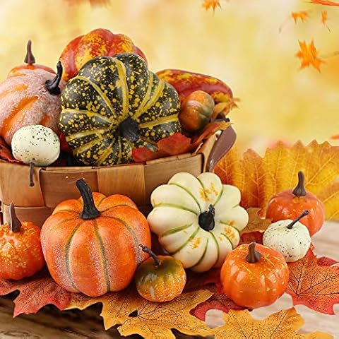 HAKACC 14 PCS Artificial Lifelike Simulation Mixed Pumpkins for Decorating, Fake Pumpkins with 30PCS Fake Maple Leaves Festival Thanksgiving Fall Harvest Home Decoration Cover