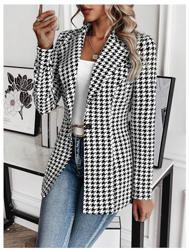 GORGLITTER Women's Houndstooth Long Sleeve Button Blazer Jackets Trendy Open Front Casual Business Work Office Blazers3