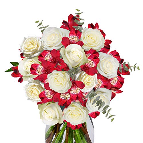 Bouquet Of Roses And Alstroemerias With Greens- Fresh Flowers- White And Red #TOP1